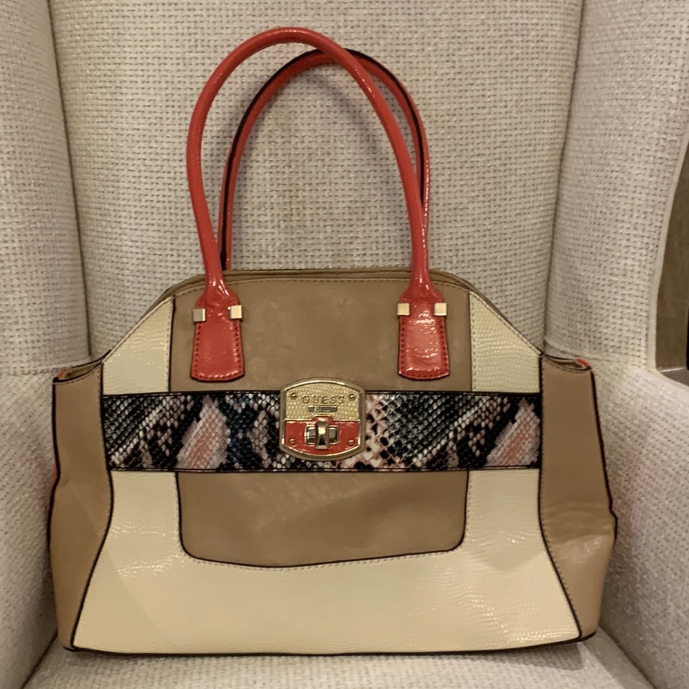 GUESS Coral Handle Pink Snakeskin Stripe Handbag